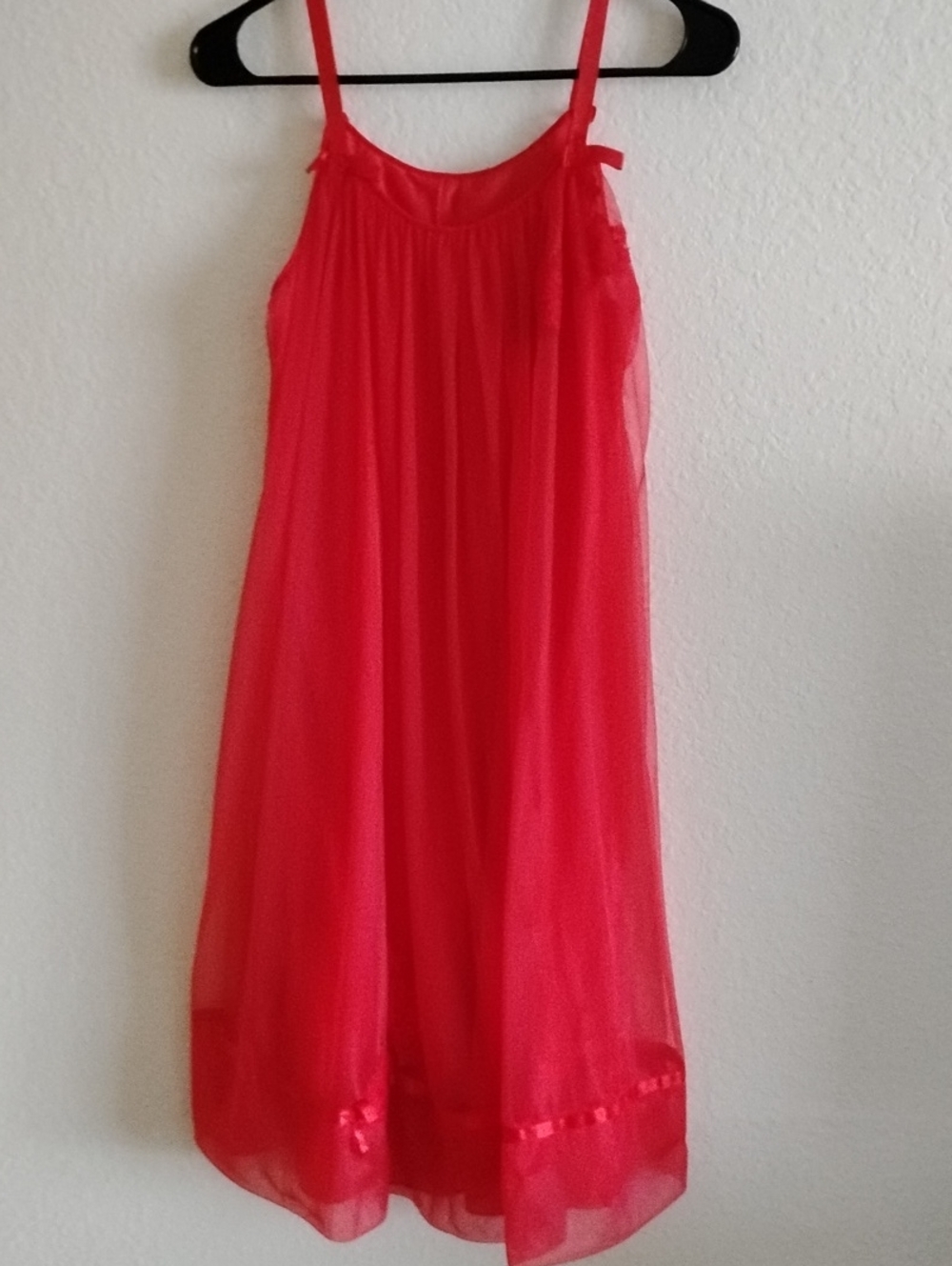 1960's Vintage Red Nightgown With Bow And Lace Details Over Slip